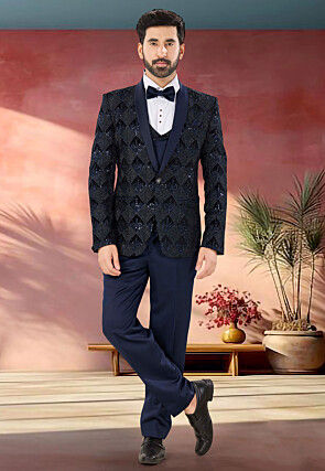Embroidered Velvet Tuxedo in Navy Blue