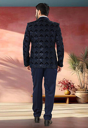 Embroidered Velvet Tuxedo in Navy Blue