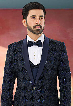 Embroidered Velvet Tuxedo in Navy Blue