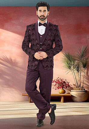 Embroidered Velvet Tuxedo in Wine