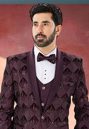 Embroidered Velvet Tuxedo in Wine