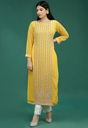 Embroidered Vicose Georgette Straight Kurta in Yellow