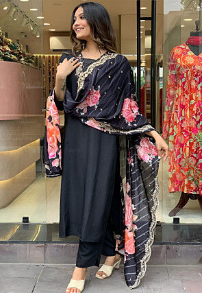 Embroidered Viscose Chanderi Pakistani Suit in Black