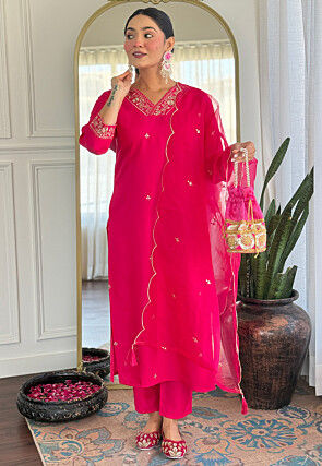 Embroidered Viscose Chanderi Pakistani Suit in Fuchsia