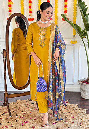 Embroidered Viscose Chanderi Pakistani Suit in Mustard