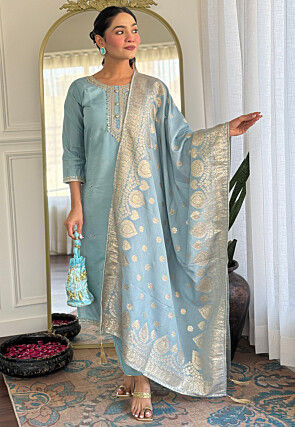 Embroidered Chanderi Silk Pakistani Suit in Sky Blue