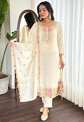 Embroidered Viscose Chanderi Scalloped Pakistani Suit in Cream