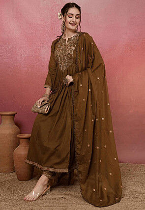 Embroidered Chanderi Silk Abaya Style Suit in Brown