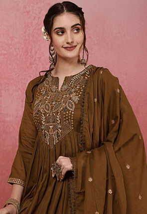 Embroidered Chanderi Silk Abaya Style Suit in Brown