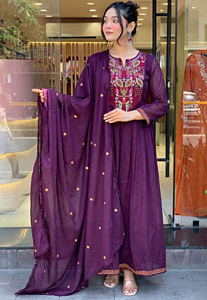 Embroidered Chanderi Silk Abaya Style Suit in Purple