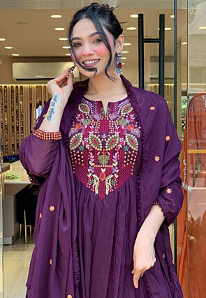 Embroidered Chanderi Silk Abaya Style Suit in Purple
