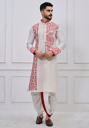Embroidered Viscose Cotton Dhoti Kurta in White
