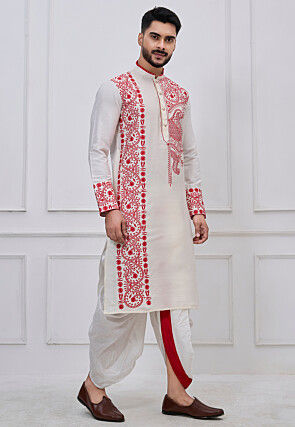 Embroidered Viscose Cotton Dhoti Kurta in White