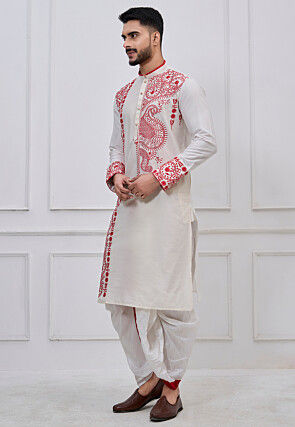Embroidered Viscose Cotton Dhoti Kurta in White