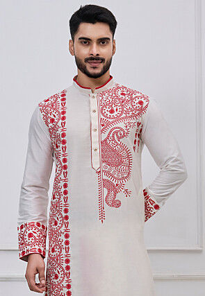 Embroidered Viscose Cotton Dhoti Kurta in White