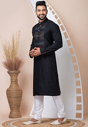 Embroidered Viscose Cotton Kurta Set in Black