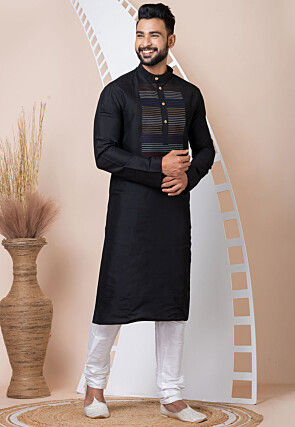 Embroidered Viscose Cotton Kurta Set in Black