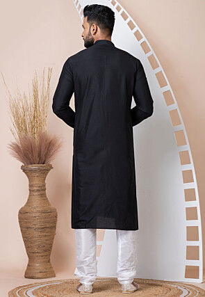 Embroidered Viscose Cotton Kurta Set in Black
