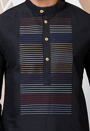 Embroidered Viscose Cotton Kurta Set in Black