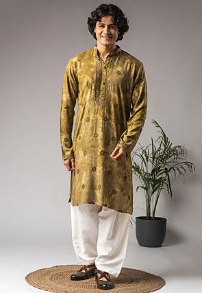 Embroidered Viscose Cotton Kurta Set in Olive Green
