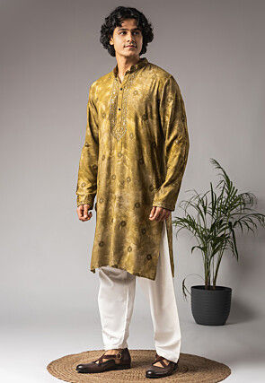 Embroidered Viscose Cotton Kurta Set in Olive Green