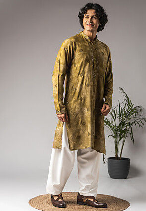Embroidered Viscose Cotton Kurta Set in Olive Green