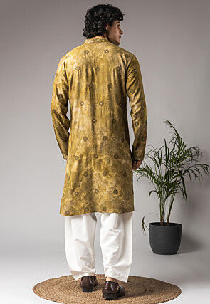 Embroidered Viscose Cotton Kurta Set in Olive Green
