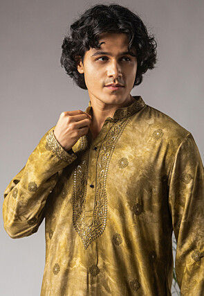 Embroidered Viscose Cotton Kurta Set in Olive Green