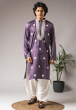Embroidered Viscose Cotton Kurta Set in Purple