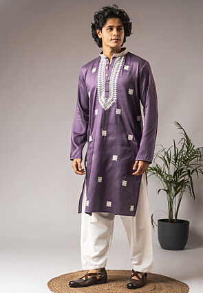 Embroidered Viscose Cotton Kurta Set in Purple