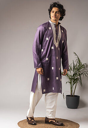 Embroidered Viscose Cotton Kurta Set in Purple