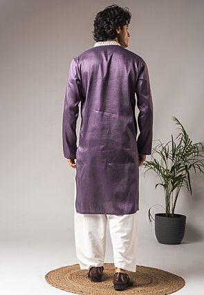 Embroidered Viscose Cotton Kurta Set in Purple