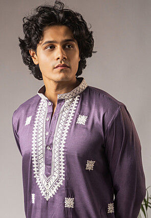 Embroidered Viscose Cotton Kurta Set in Purple