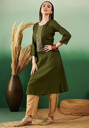 Embroidered Viscose Cotton Straight Kurta in Olive Green