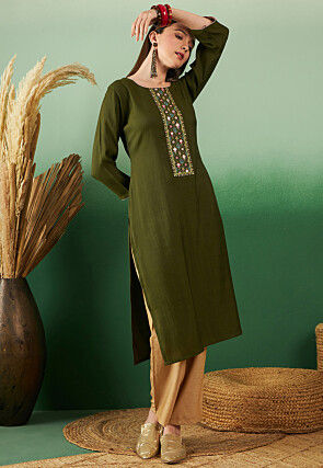 Embroidered Viscose Cotton Straight Kurta in Olive Green