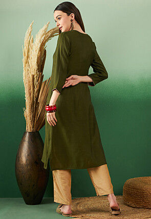 Embroidered Viscose Cotton Straight Kurta in Olive Green