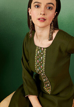 Embroidered Viscose Cotton Straight Kurta in Olive Green
