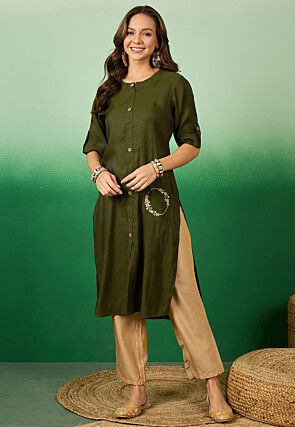 Embroidered Viscose Cotton Straight Kurta in Olive Green