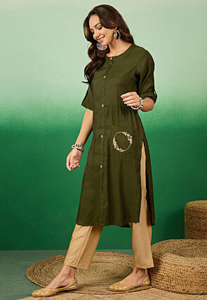 Embroidered Viscose Cotton Straight Kurta in Olive Green