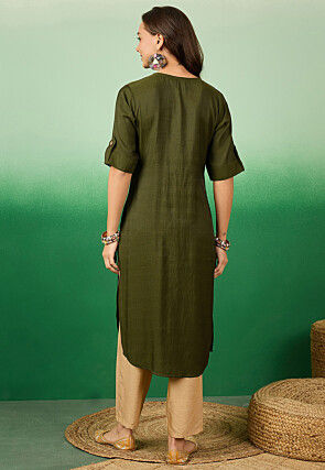 Embroidered Viscose Cotton Straight Kurta in Olive Green