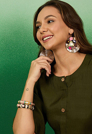 Embroidered Viscose Cotton Straight Kurta in Olive Green