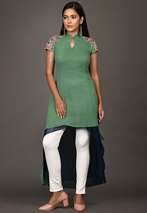 Embroidered Viscose Georgette Asymmetric Kurti in Dusty Green