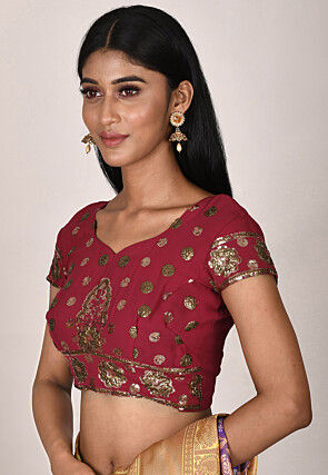 Embroidered Viscose Georgette Blouse in Maroon
