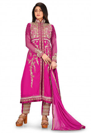 Embroidered Viscose Georgette Front Slit Straight Suit in Fuchsia