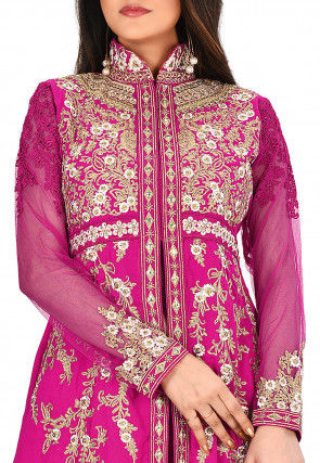 Embroidered Viscose Georgette Front Slit Straight Suit in Fuchsia