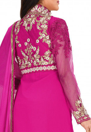 Embroidered Viscose Georgette Front Slit Straight Suit in Fuchsia