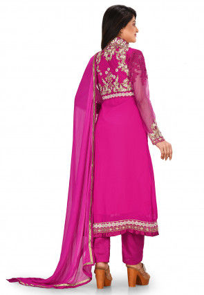 Embroidered Viscose Georgette Front Slit Straight Suit in Fuchsia