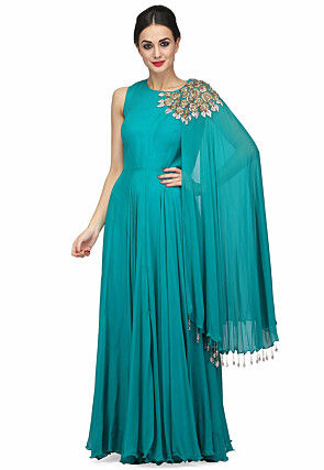 Embroidered Viscose Georgette Gown in Teal Green