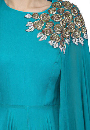 Embroidered Viscose Georgette Gown in Teal Green