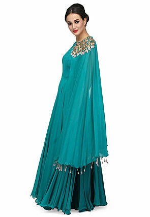 Embroidered Viscose Georgette Gown in Teal Green